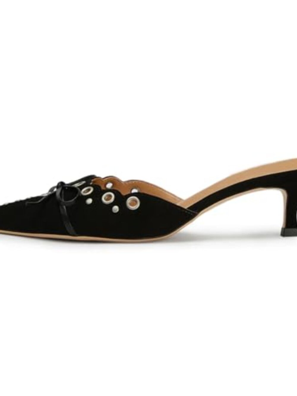 Kitten Heel Mules Bow Studded Pointed Toe Slip On Suede Leather Pumps